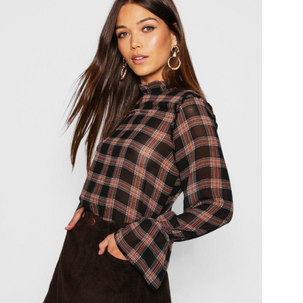 Plaid Blouse with Ruffle High Neck and Bell Sleeves